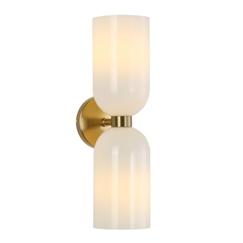 Image of EFINEHOME Minimalist 2-Light Gold Wall Sconces with Cylinder Glass Shades- Mid Century Vanity Wall Double Lights Hardwired- Modern Indoor Glass Wall Mounted Art Decor Lights (Milky White, 1 Pack)