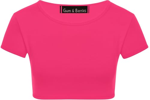 Kids Girls Neon Fluorescent Plain Short Sleeve Crop Tops T-Shirt Tee Top Dance Wear Gymnastic Fancy Dress Colour: Neon Pink - Size: 9-10 Years
