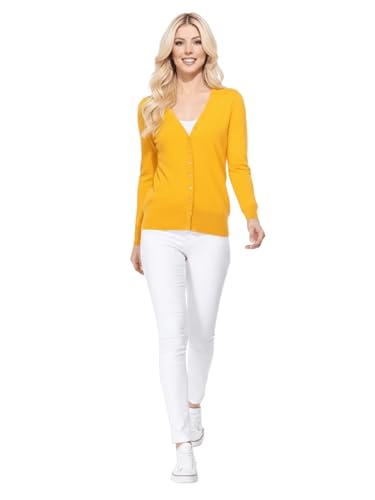 Image of YEMAK Women's Knit Cardigan Sweater - Long Sleeve V-Neck Basic Classic Casual Button Down Knitted Soft Lightweight Top MK5178-Honey-L