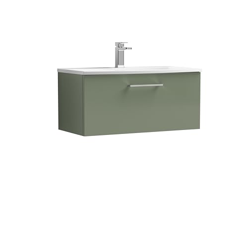 Balterley Vanity Unit with Basin Wall Hung, Single Drawer Soft Close with Curve Sink and Handle, Bathroom Vanity Units with Basin, Bathroom Storage Sink Cabinet - 810 x 440 x 389mm (Green)