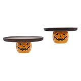 Aubconml 2er Set Halloween Tortenplatte aus Akazienholz, Keramik Kürbis Sockel Tischaufsteller, Moderne Feierdekorationen Rund Dessertständer 21,5 cm und 26 cm Durchmesser