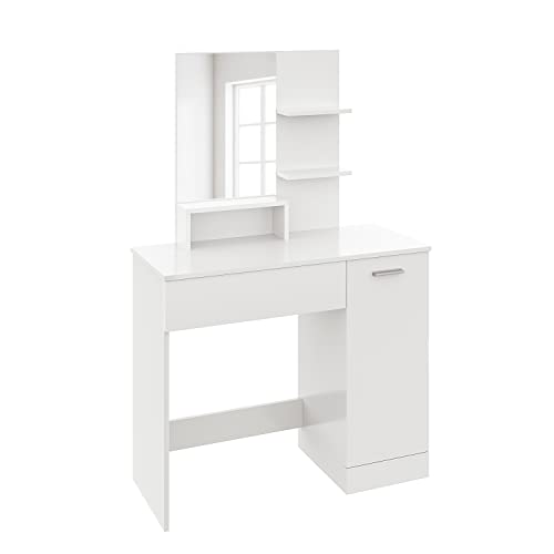 Image of ELEGANT Makeup Table with Drawer & 4 Shelves Large Storage Vanity Table with Mirror, White Dressing Table for Women Girls Bedroom