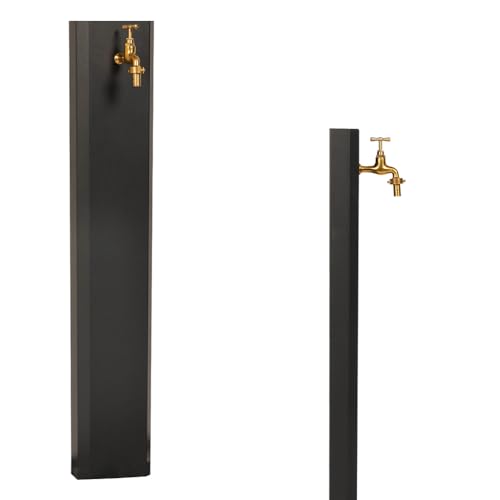 Fuente de jardín para exterior. Fuente de columna moderna de acero antracita. Grifo de latón, flexible, conexión y guijarros incluidos. Altura 1 m (con hormigón, gris antracita)