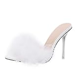 TOYANDONA Transparente Damen High Heels Slipper mit Dünnem Absatz Weiße Flausch Hausschuhe Atmungsaktive Bequeme Pantoffeln für Sommer und Party Modische Kristall Sandalen