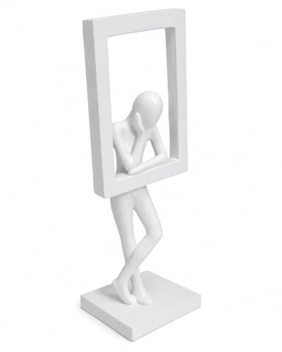 Image of Uptrix Decorative Modern Abstract Thinker Sculpture with Frame, Minimalist Black Resin Decorative Statue, Contemporary Tabletop Home Decor Accent for Living Room. (White)