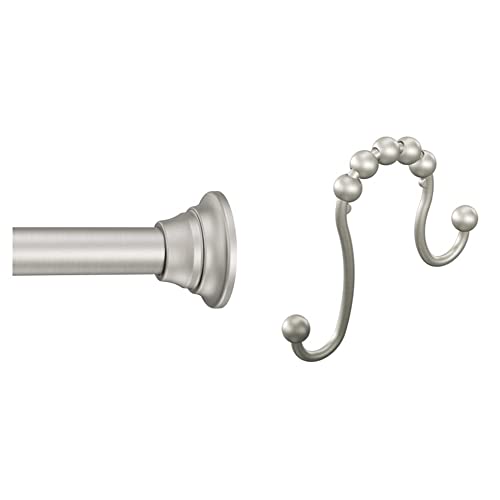 Moen Brushed Nickel Adjustable 44-72-Inch Tension Mounted Straight Shower Curtain Rod For Bathroom, Tr1000Bn & Sr2201Bn Shower Curtain Rings (Pack Of 12), Brushed Nickel #TOP10