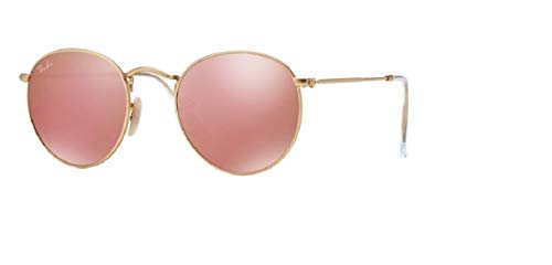 Ray-Ban RB3447 Round Metal Mirror Unisex Sunglasses (Matte Gold Frame/Brown Mirror Pink 112/Z2, 50)