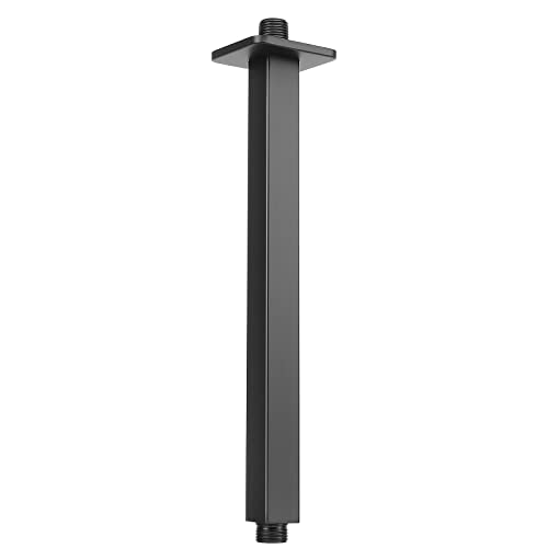 Image of Ceiling Mounted Shower Arm, Rain Shower Square Extension Arm with Flange and Teflon Tape Stainless Steel Ceiling Mount Shower Extender (12 Inch, Matte Black)