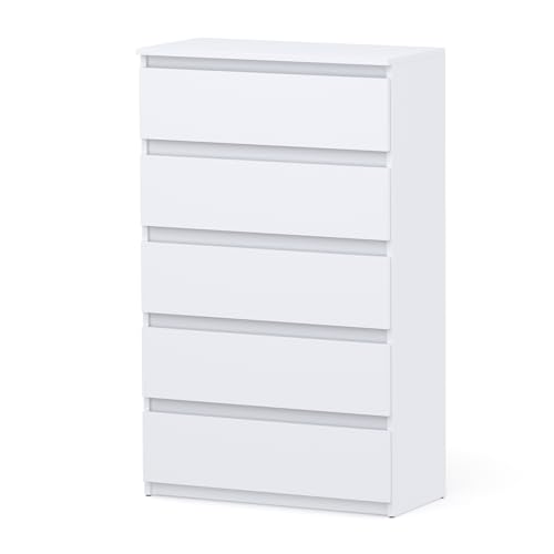 MRBLS_HOME Kommode mit 5 Schubladen - Holz Sideboard 70x115x33,5 cm (B/H/T) - Schmale Kommode für Schlafzimmer & Flur - Regal mit Schubladen - Schrank mit Schubladen - Modernes Möbelstück (Weiß Matt)