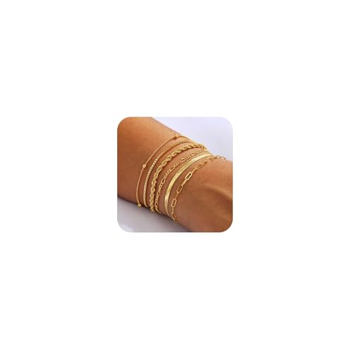 Bvuem Gold Bracelets for Women, Dainty 14K Gold Plated Stackable Bracelets for Women Trendy Waterproof Paperclip Figaro Box Herringbone Chain Bracelet Pack Stack Adjustable Fashion Jewelry for Women