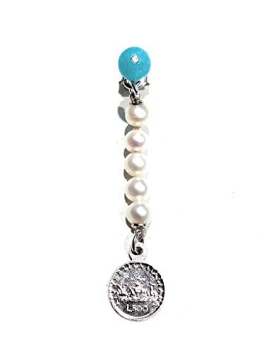 Astuccio Mono orecchino occhio di gatto azzurro e perle fresh water ciondolo moneta 500 lire in argento sterling