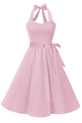 Topdress Womens Vintage Polka Audrey Dress 1950s Halter Retro Cocktail Dress Baby Pink S