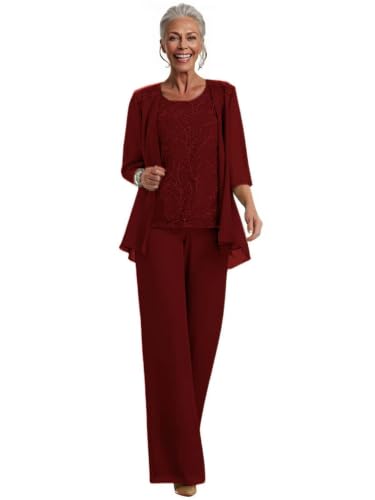 3 Piece Chiffon Formal Mother of the Bride Pantsuit Burgundy US 2