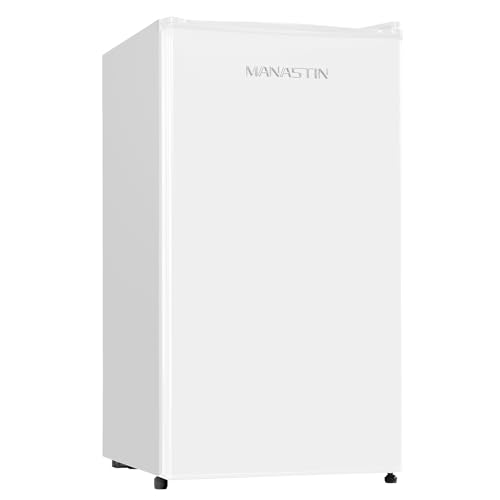 3.2 Cu. Ft Mini Fridge with Freezer for Bedroom, Dorm, Office, Compact Refrigerator with Adjustable Thermostat, Removable Glass Shelves and Reversible Door (Gold)