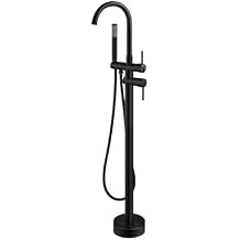 gotonovo Floor Mount Bathtub Faucet High Flow Freestanding Tub Filler Standing Shower Faucets with 360 Swivel Gooseneck Spout and Cylinder Handheld Spray, Matte Black