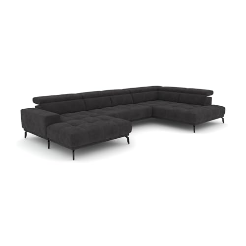 foamnova Wohnlandschaft, 7-Sitzer, Ottomane Rechts, Recamiere Links, Chenille, Schwarz, klappbare Kopfstützen, Eckcouch, Polstersofa, Sitztiefe 64 cm, B 400 x T 226 x H 78 cm