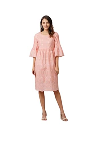 Women's Kurti, Embroided Midi Dress for Women, Cotton,Pink,Size-L