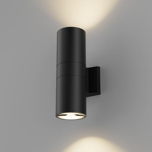 Image of JAYMP 11.8 inch Up and Down Wall Sconce Aluminum Modern Outdoor Light, Black Round IP65 Waterproof Exterior Wall Lamp for Front Door Patio Porch Staircase Hallway