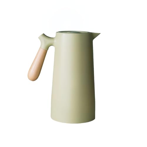 魔法瓶 保温ポット 卓上 ティーポット コーヒーポット | ガラス製 二重壁 真空断熱 大容量 木製ハンドル ワンタッチ開閉 保温・保冷兼用 家庭用 業務用 プレゼント (1L,グリーン)