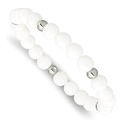 Lex & Lu Stainless Steel Polished White Ceramic Beaded Stretch Bracelet