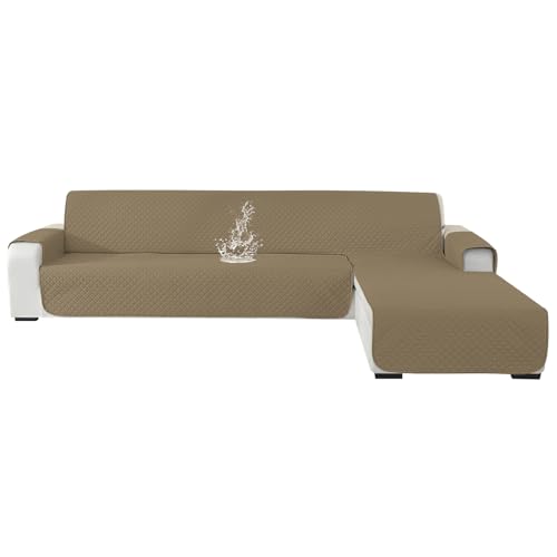 Ystyle Funda Sofa Chaise Long 4 Plazas, Funda para Sofa Chaise Longue Izquierdo/Derecho Universal Reversible, Funda Chaise Longue Impermeable, Protector Sofa Antipelos (285cm, Café Claro)