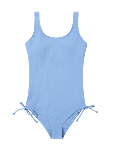 Patgoal Girls One Piece Swimsuits Ribbed Bathing Suit Teen Girls Adjustable Straps Drawstring Athletic Swimwear Swim Suit