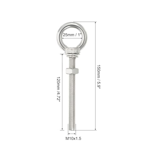 Image of uxcell M10*120 3 /8 inchx4.72 inch Stainless Steel Eye Bolts Threaded Screw Eyebolt Shoulder Ring with Nuts Washers for Lifting Hanging, 2 Set