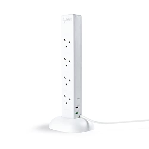Status Tower Multi Plug Extension 8 Socket Extension Cable 13A Surge Protected with Neon Indicator White 2m Extension Lead S8W2MTUSBSSP4