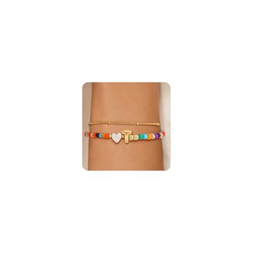 Image of Eaciy Colorful Initial Bracelets for Women Girls - 14K Gold Plated Heart Initial Letter Daint A-Z Charm Bracelet Summer Jewelry Teen Girl Gifts for Teen Kids