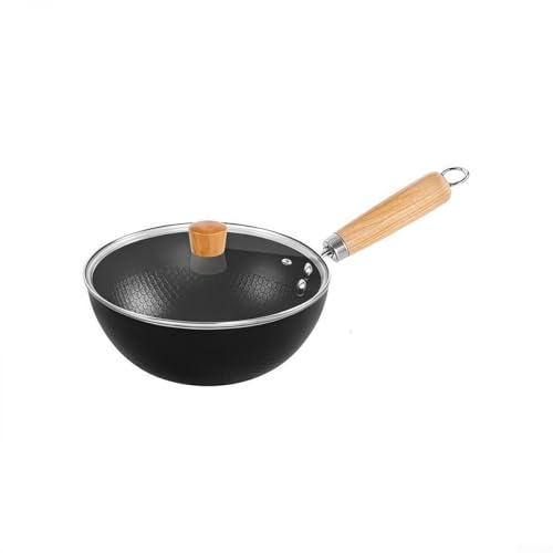 Non Wok Pan Iron Frying Pan with Glass Lid, Flat Bottom Wok Compatible with for Induction Hob, Gas or Electric Cookware, Stir Fry Pan, Deep Frying Wok, Braising Cooking(20CM)