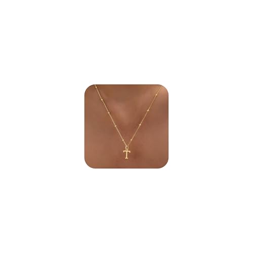 MDIEEL Initial Necklaces for Women Dainty Gold Letter Pendant Necklace 14k Gold Plated A-Z Name Necklaces Cute Charm Choker Necklace Fashion Accessories Non Tarnish Trendy Jewelry Gift (T Gold)