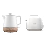 CONCEPT Hausgeräte Keramik Wasserkocher RK0060 1 L, 1 Liter, weiß & Philips Toaster – 2 Toastschlitze, 8 Stufen, Brötchenaufsatz, Auftaufunktion, Liftfunktion, Abschaltautomatik, weiß (HD2581/00)