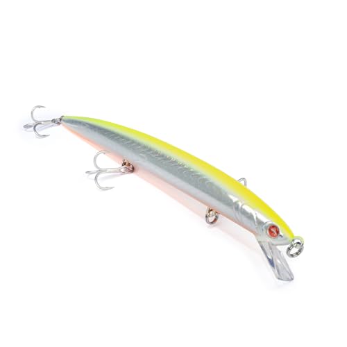 AZIONE E ASSETTO DELL’ARTIFICIALE: Long jerk minnow affondante dal nuoto fluido e controllato, caratterizzato da una discesa progressiva e da un rollio naturale che mantiene l’esca stabile e leggibile anche in condizioni di mare formato.