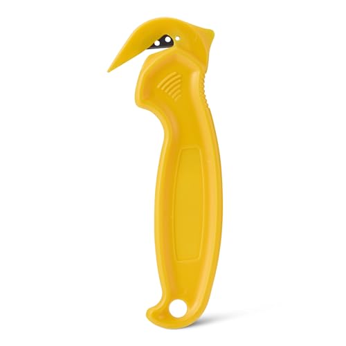 Amazon Basics Film Safety Cutter Concealed Stainless Steel Blade with Tape Splitter for Boxes Packages Shrink Wrap Compact Size Yellow 1-Pack