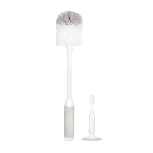 Image of Ubbi Deluxe 2-in-1 Baby Bottle Cleaning Brush Set, Gray | Includes Nipple Brush with Suction Cup, Standing Bottle Brush, Dishwasher Safe, Baby Registry Essential