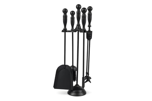 HERSIG - Set de Chimenea - Utensilios Chimenea de Leña con Soporte - Juego de 4 Accesorios de Forja -Pala, Escoba, Pinzas y Atizador - Accesorios Estufa y Chimeneas Leña