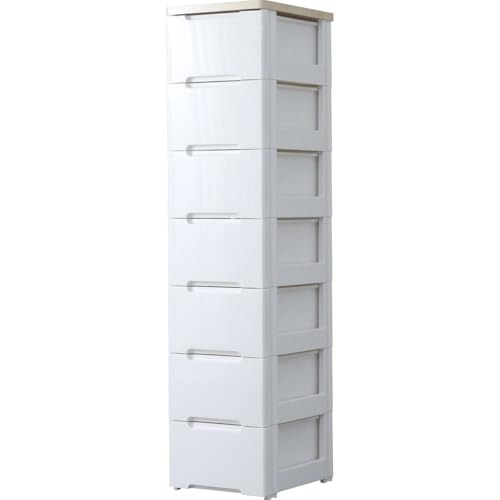 チェスト 7段 届いてすぐ使える完成品 ラクラク引出し 木天板 幅32.4×奥行41×高さ138cm ホワイト/ナチュラル 白 プラスチック 組立不要