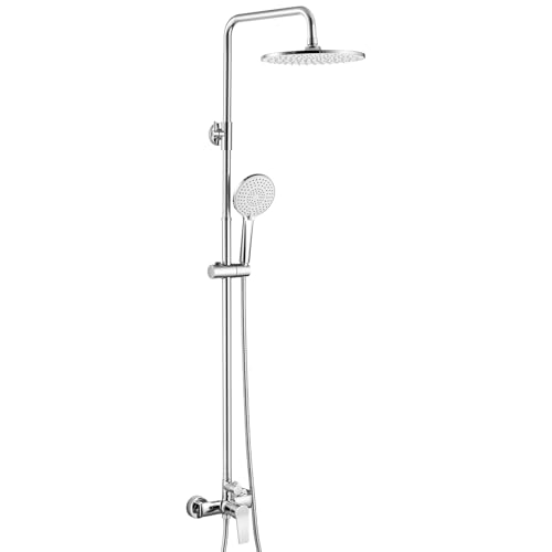 Auralum Colonne de Douche avec Mitigeur, Ensemble de Douche Rond Réglable en Hauteur 90-130cm, Système de Douche Haute Pression avec Ciel de Pluie Ø 25cm et Douchette...