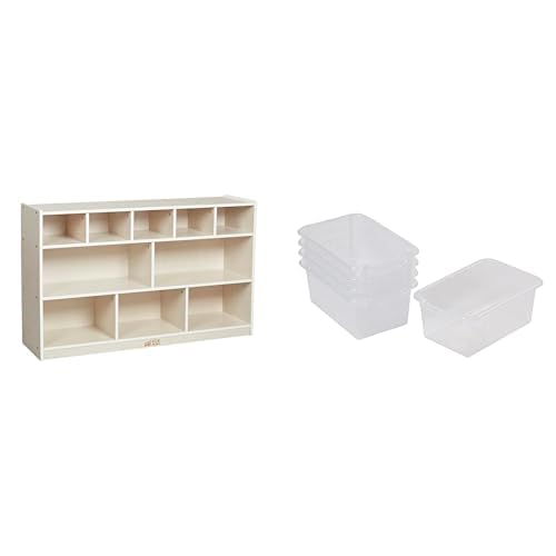 ECR4Kids 5+5 Mobile Storage and Tray Cabinet with 5 Scoop Front Bins, White Wash, Classroom Furniture, Clear
