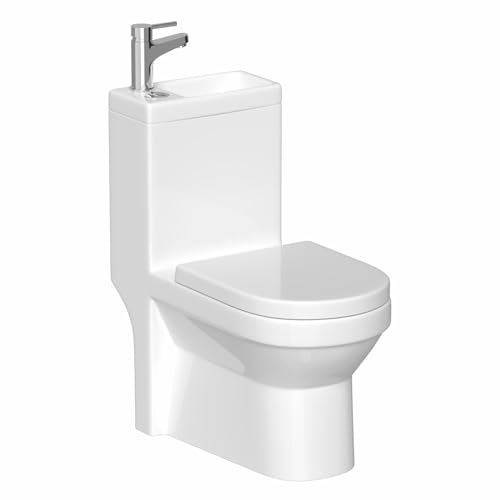 Affine® Tivoli 2 in 1 Toilet Basin Combination Combined Close Coupled Toilet & Wash Sink Dual Flush Cistern Space Saving Bathroom Cloakroom WC Basin On Top Soft Close Seat D Shape Includes Tap & Waste