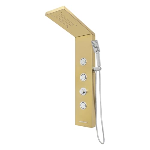 JAYEUW LED Duschpaneel mit Handbrause Duschsäule aus Edelstahl Regen, 3 Massagedüsen, Handbrause und Wanneneinlauf Wandmontage Blaue LED-Beleuchtung G1/2 (Gold)
