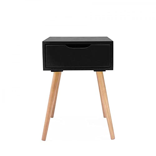 Image of Device Bas with BROWN ART SHOPPEE Nightstands End Side Table with Drawer and Solid Wood Legs, Bedside Table for Bedrooms, Mid-Century Modern Drawer Storage Cabinet for Living Room Furniture (Black-1)