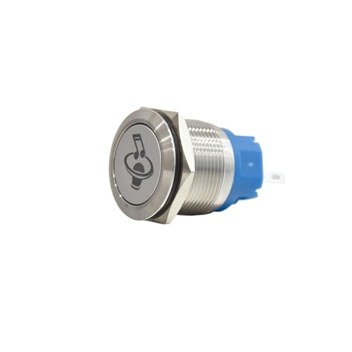 BADIKA Pulsadores metálicos Botón pulsador de Metal Iluminado con símbolo Musical, Interruptor de botón de Cabeza Plana de 22MM, Enganche 1NO1NC/momentáneo(White,Latching_Brass_12V-24V)