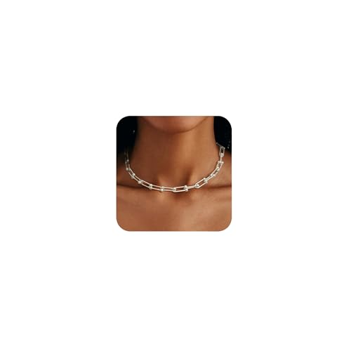 DAILI Choker Necklace for Women Trendy | Sterling Silver Necklace 14K Gold Chunky Necklaces Thick Cuban Link Chain for Men Hypoallergenic Statement Paperclip Necklace Punk Hip-hop Fashion Jewelry (Silver Necklace)
