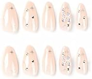 BABALAL Almond Press on Nails Medium Fake Nails Shiny Glue on Nails 24Pcs Chrome Stiletto Bow Rhinestone Acrylic Nails for Women and Girls