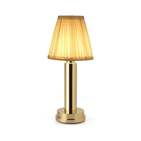 QJUZO Cordless LED Table Lamp with Battery, Rechargeable Table Lamp Outdoor Battery Operated USB Desk Lamp Bedroom Bedside Lamp with Fabric Shade, for Living Room Bar, 3W,Gold Cover
