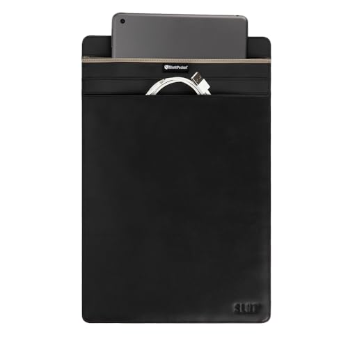 SLNT Faraday Bag Leather Tablet Sleeve with Silent Pocket - Signal Blocking Device Shielding for iPad, Samsung Galaxy Tab, Most Tablets, Travel, Privacy (Black Leather, X-Large)