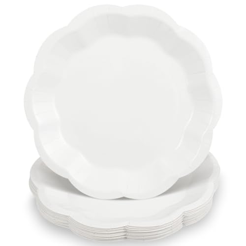 Image of NatNarr 30 Pcs White Paper Plates, 9 Inch Scalloped Paper Plates Disposable Dinner Plate Dessert Cake Plate Party Supplies for Wedding Bridal Baby Shower Birthday