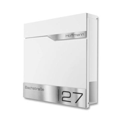 Metzler® Briefkasten Weiß mit Zeitungsfach, personalisiert mit Lasergravur, Wandbriefkasten mit austauschbarem Edelstahl-Namensschild… – Ansicht 2