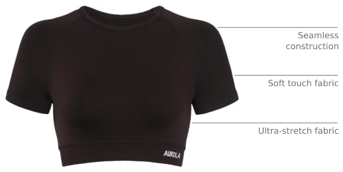 Image of AUROLA Influence Women Crop Top Short Sleeve Compression Workout T-Shirt | Raglan Short Sleeve Crop Top, High-Stretch Seamless Knit, Stay-Put Ribbed Underband, Soft Breathable Comfort